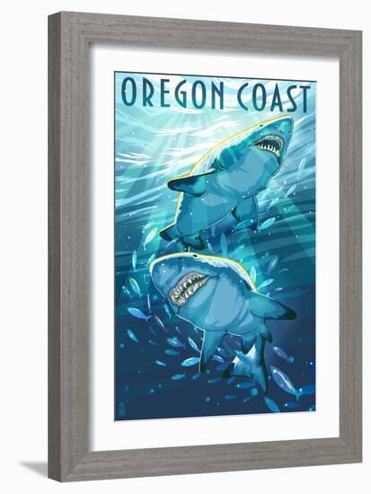 Great White Shark - Oregon Coast-Lantern Press-Framed Art Print