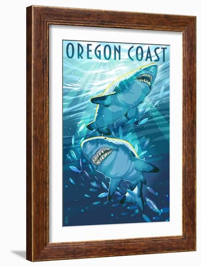 Great White Shark - Oregon Coast-Lantern Press-Framed Art Print