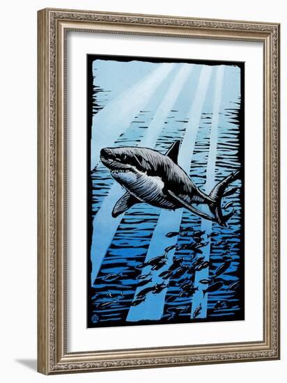 Great White Shark - Scratchboard-Lantern Press-Framed Art Print