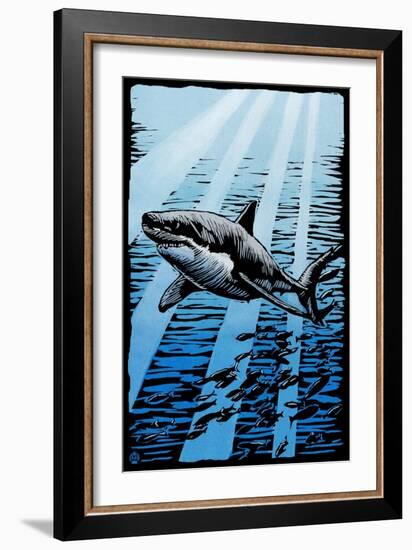 Great White Shark - Scratchboard-Lantern Press-Framed Art Print