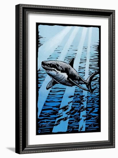 Great White Shark - Scratchboard-Lantern Press-Framed Art Print