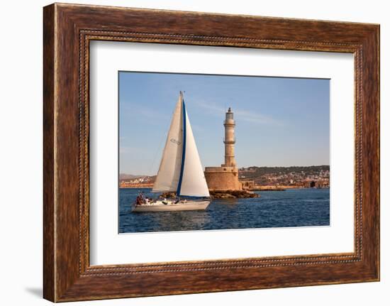 Greece, Crete, Chania, Port Entrance, Sailboat-Catharina Lux-Framed Photographic Print