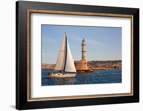 Greece, Crete, Chania, Port Entrance, Sailboat-Catharina Lux-Framed Photographic Print