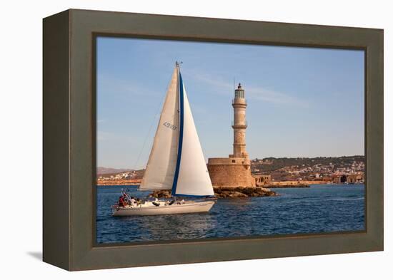 Greece, Crete, Chania, Port Entrance, Sailboat-Catharina Lux-Framed Premier Image Canvas