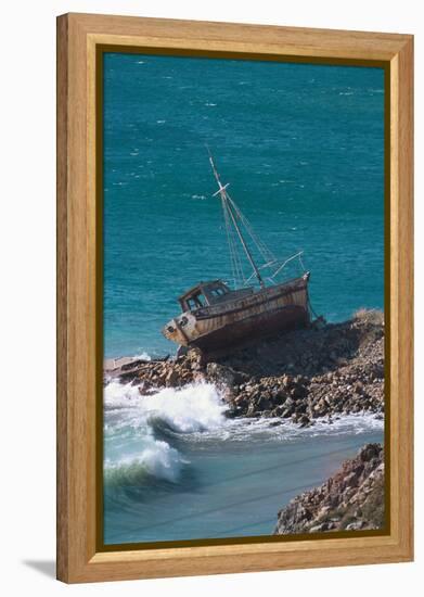 Greece, Crete, Coast, Fishing Cutter, Stranded-Carl-Werner Schmidt-Luchs-Framed Premier Image Canvas