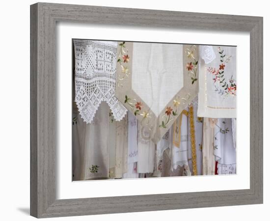 Greece, Crete. Lace and embroidery in shop in town of Kritsa. Lasithi Region.-Scott Smith-Framed Photographic Print