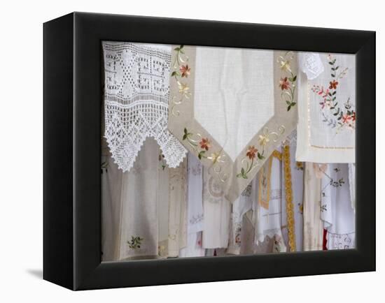 Greece, Crete. Lace and embroidery in shop in town of Kritsa. Lasithi Region.-Scott Smith-Framed Premier Image Canvas