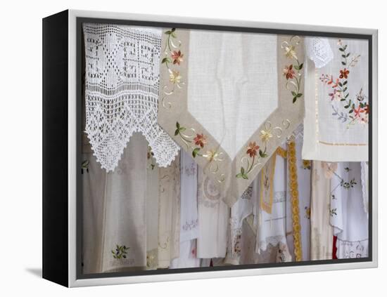 Greece, Crete. Lace and embroidery in shop in town of Kritsa. Lasithi Region.-Scott Smith-Framed Premier Image Canvas