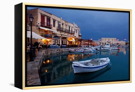 Greece, Crete, Rethimnon, Venetian Harbour, Illuminated, in the Evening-Catharina Lux-Framed Premier Image Canvas