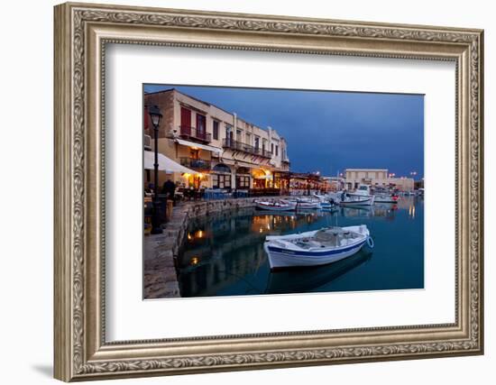 Greece, Crete, Rethimnon, Venetian Harbour, Illuminated, in the Evening-Catharina Lux-Framed Photographic Print