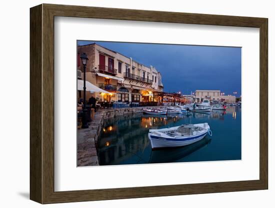 Greece, Crete, Rethimnon, Venetian Harbour, Illuminated, in the Evening-Catharina Lux-Framed Photographic Print