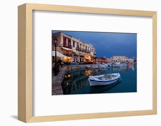 Greece, Crete, Rethimnon, Venetian Harbour, Illuminated, in the Evening-Catharina Lux-Framed Photographic Print