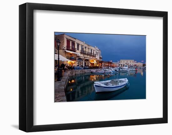 Greece, Crete, Rethimnon, Venetian Harbour, Illuminated, in the Evening-Catharina Lux-Framed Photographic Print