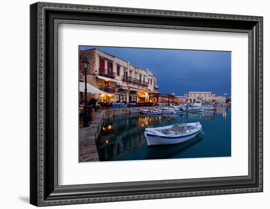 Greece, Crete, Rethimnon, Venetian Harbour, Illuminated, in the Evening-Catharina Lux-Framed Photographic Print