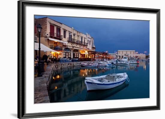 Greece, Crete, Rethimnon, Venetian Harbour, Illuminated, in the Evening-Catharina Lux-Framed Photographic Print