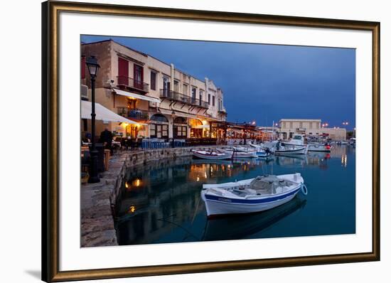 Greece, Crete, Rethimnon, Venetian Harbour, Illuminated, in the Evening-Catharina Lux-Framed Photographic Print