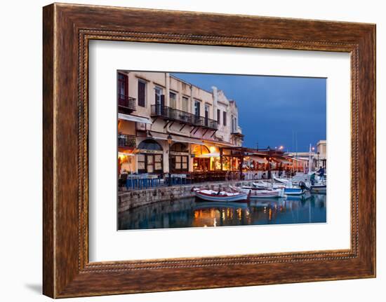 Greece, Crete, Rethimnon, Venetian Harbour, Illuminated, in the Evening-Catharina Lux-Framed Photographic Print