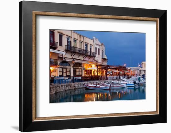 Greece, Crete, Rethimnon, Venetian Harbour, Illuminated, in the Evening-Catharina Lux-Framed Photographic Print