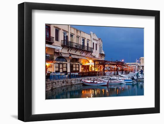 Greece, Crete, Rethimnon, Venetian Harbour, Illuminated, in the Evening-Catharina Lux-Framed Photographic Print