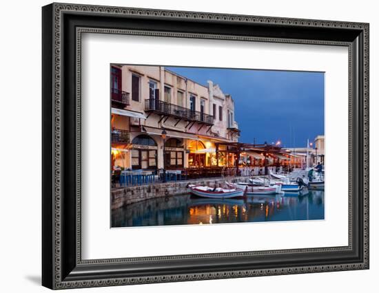 Greece, Crete, Rethimnon, Venetian Harbour, Illuminated, in the Evening-Catharina Lux-Framed Photographic Print