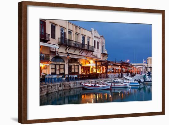 Greece, Crete, Rethimnon, Venetian Harbour, Illuminated, in the Evening-Catharina Lux-Framed Photographic Print