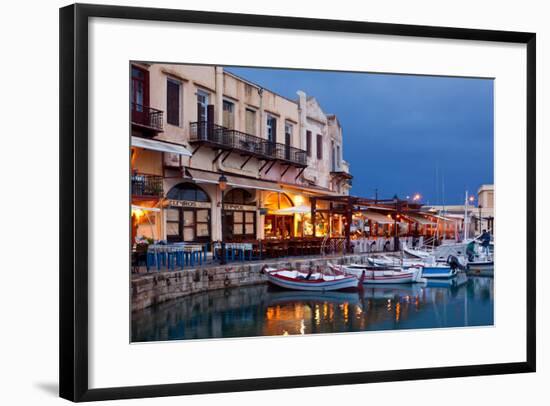 Greece, Crete, Rethimnon, Venetian Harbour, Illuminated, in the Evening-Catharina Lux-Framed Photographic Print