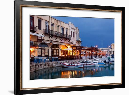 Greece, Crete, Rethimnon, Venetian Harbour, Illuminated, in the Evening-Catharina Lux-Framed Photographic Print