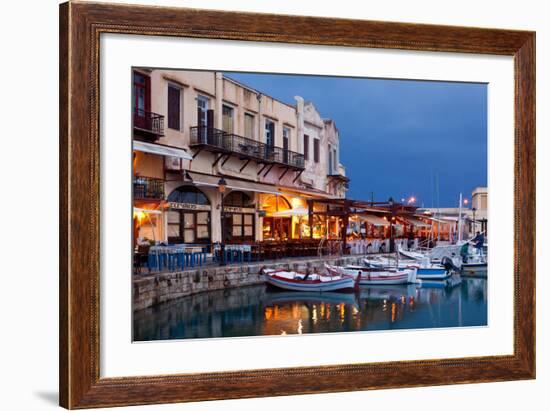 Greece, Crete, Rethimnon, Venetian Harbour, Illuminated, in the Evening-Catharina Lux-Framed Photographic Print