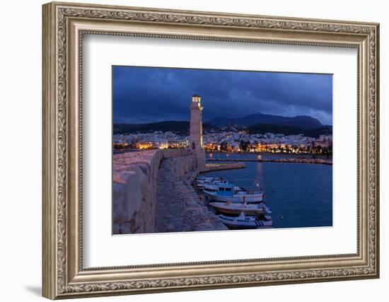 Greece, Crete, Rethimnon, Venetian Harbour, Lighthouse, in the Evening-Catharina Lux-Framed Photographic Print