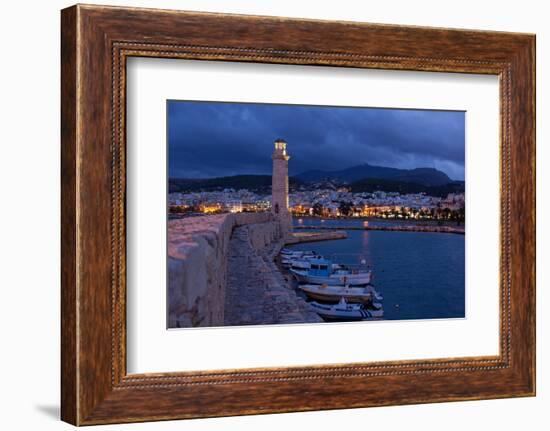 Greece, Crete, Rethimnon, Venetian Harbour, Lighthouse, in the Evening-Catharina Lux-Framed Photographic Print