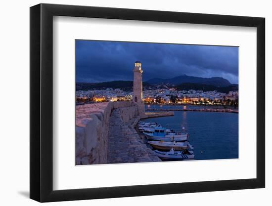 Greece, Crete, Rethimnon, Venetian Harbour, Lighthouse, in the Evening-Catharina Lux-Framed Photographic Print