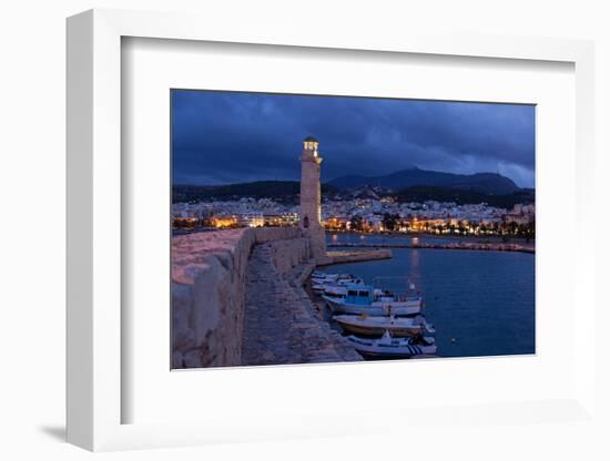 Greece, Crete, Rethimnon, Venetian Harbour, Lighthouse, in the Evening-Catharina Lux-Framed Photographic Print