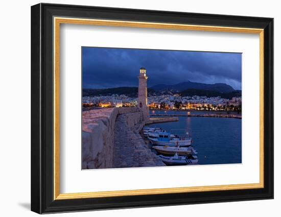 Greece, Crete, Rethimnon, Venetian Harbour, Lighthouse, in the Evening-Catharina Lux-Framed Photographic Print