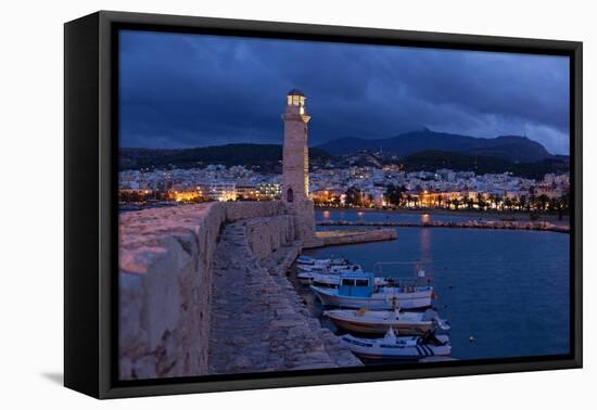 Greece, Crete, Rethimnon, Venetian Harbour, Lighthouse, in the Evening-Catharina Lux-Framed Premier Image Canvas