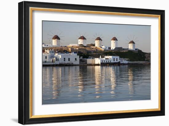 Greece, Mykonos, windmills and their reflection in the water-Hollice Looney-Framed Photographic Print