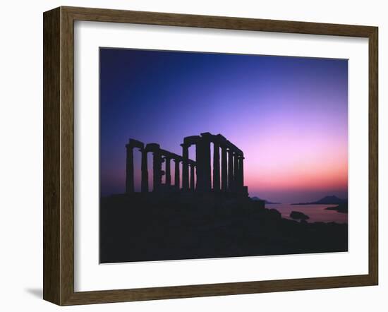 Greece, Peloponnes, Cape Sunion, Poseidon Temple, Silhouette, Dusk-Thonig-Framed Photographic Print