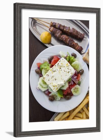 Greece, Peloponnese, Corinth, Greek Salad with Souvlaki and Fries-Walter Bibikow-Framed Photographic Print