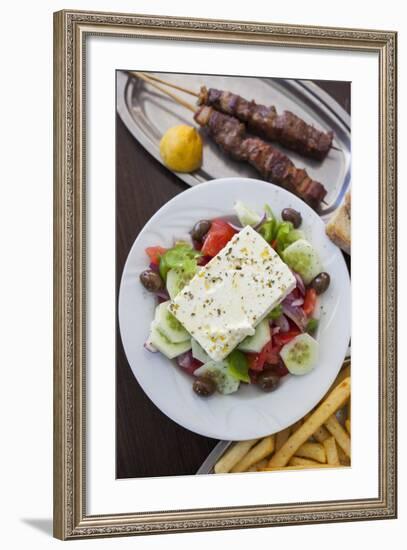Greece, Peloponnese, Corinth, Greek Salad with Souvlaki and Fries-Walter Bibikow-Framed Photographic Print