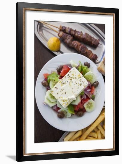 Greece, Peloponnese, Corinth, Greek Salad with Souvlaki and Fries-Walter Bibikow-Framed Photographic Print