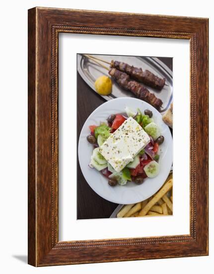 Greece, Peloponnese, Corinth, Greek Salad with Souvlaki and Fries-Walter Bibikow-Framed Photographic Print