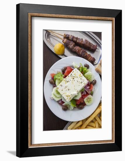 Greece, Peloponnese, Corinth, Greek Salad with Souvlaki and Fries-Walter Bibikow-Framed Photographic Print