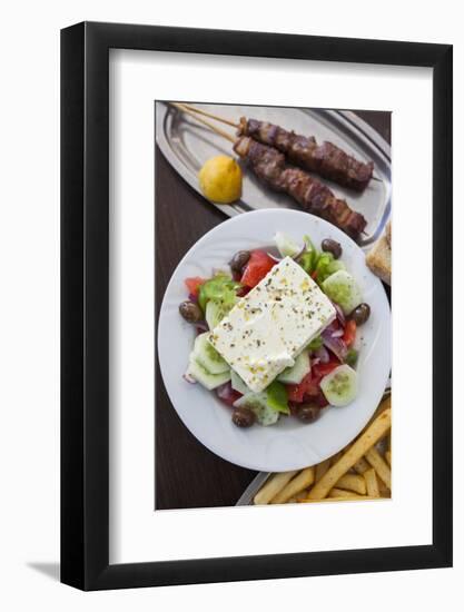 Greece, Peloponnese, Corinth, Greek Salad with Souvlaki and Fries-Walter Bibikow-Framed Photographic Print