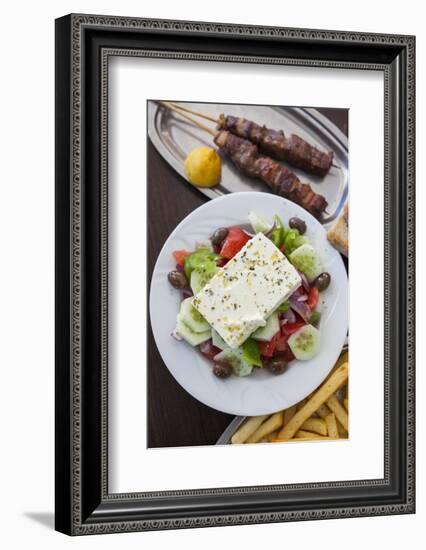 Greece, Peloponnese, Corinth, Greek Salad with Souvlaki and Fries-Walter Bibikow-Framed Photographic Print