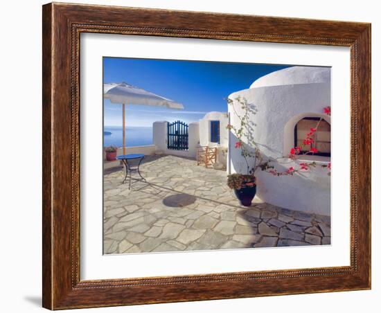 Greece, Santorini, Oia. House balcony with ocean view.-Jaynes Gallery-Framed Photographic Print