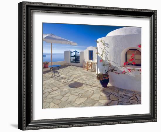 Greece, Santorini, Oia. House balcony with ocean view.-Jaynes Gallery-Framed Photographic Print