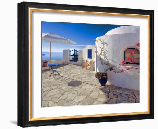 Greece, Santorini, Oia. House balcony with ocean view.-Jaynes Gallery-Framed Photographic Print
