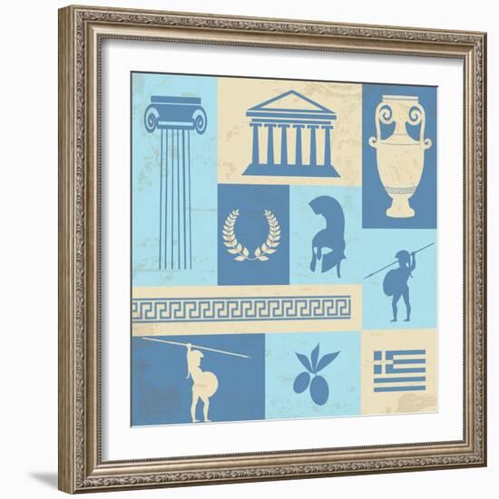 Greece Symbols And Landmarks On Retro Poster-radubalint-Framed Art Print