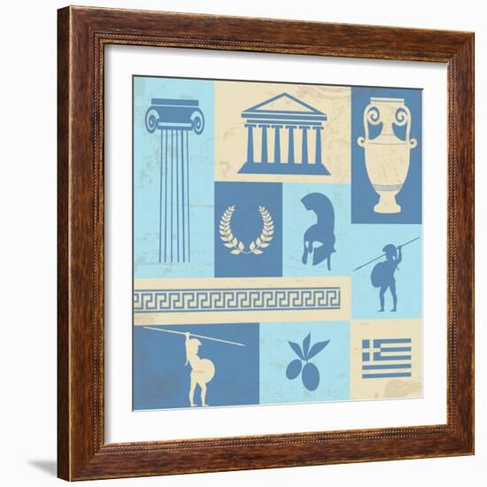 Greece Symbols And Landmarks On Retro Poster-radubalint-Framed Art Print