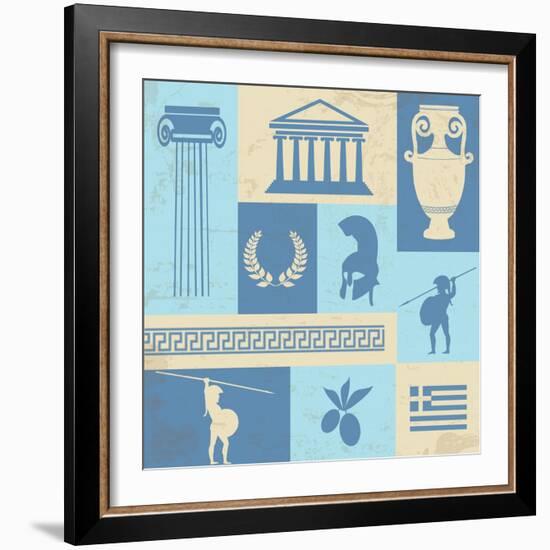 Greece Symbols And Landmarks On Retro Poster-radubalint-Framed Art Print