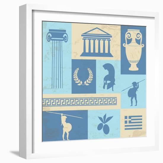 Greece Symbols And Landmarks On Retro Poster-radubalint-Framed Art Print